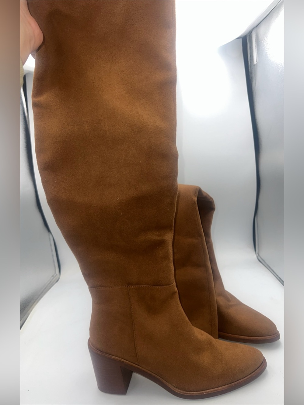 Seychelles Tall Boot Cognac Vegan Suede Women’s Size 8 Block 3” Heel Zipper NEW